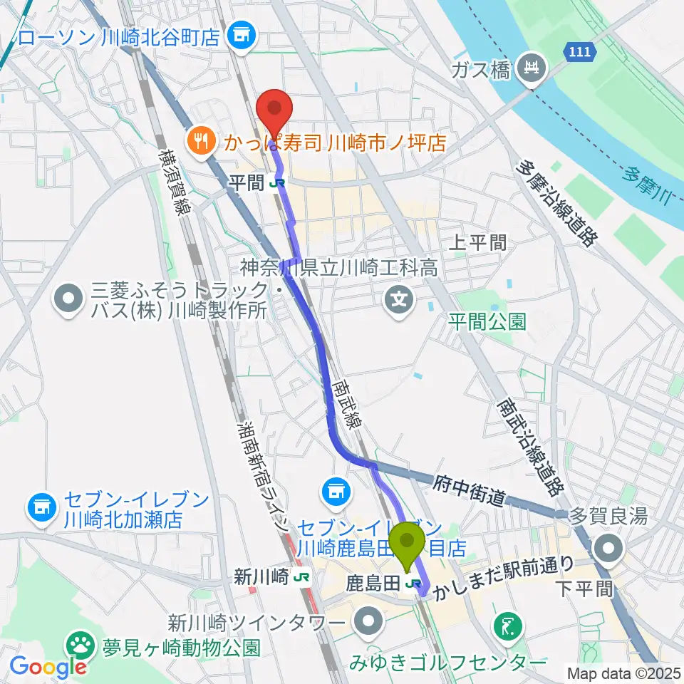 鹿島田駅から冨井ピアノ工房へのルートマップ地図