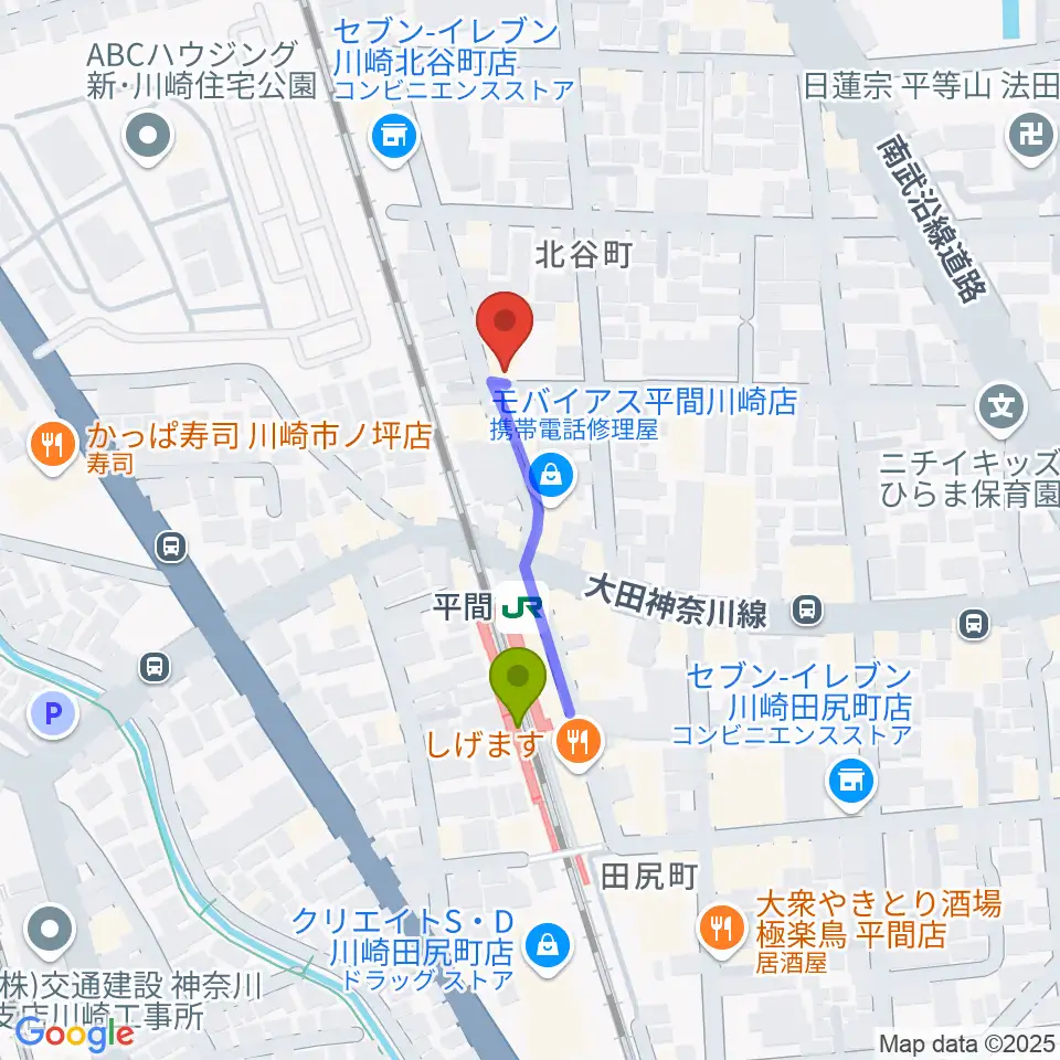 冨井ピアノ工房の最寄駅平間駅からの徒歩ルート（約3分）地図