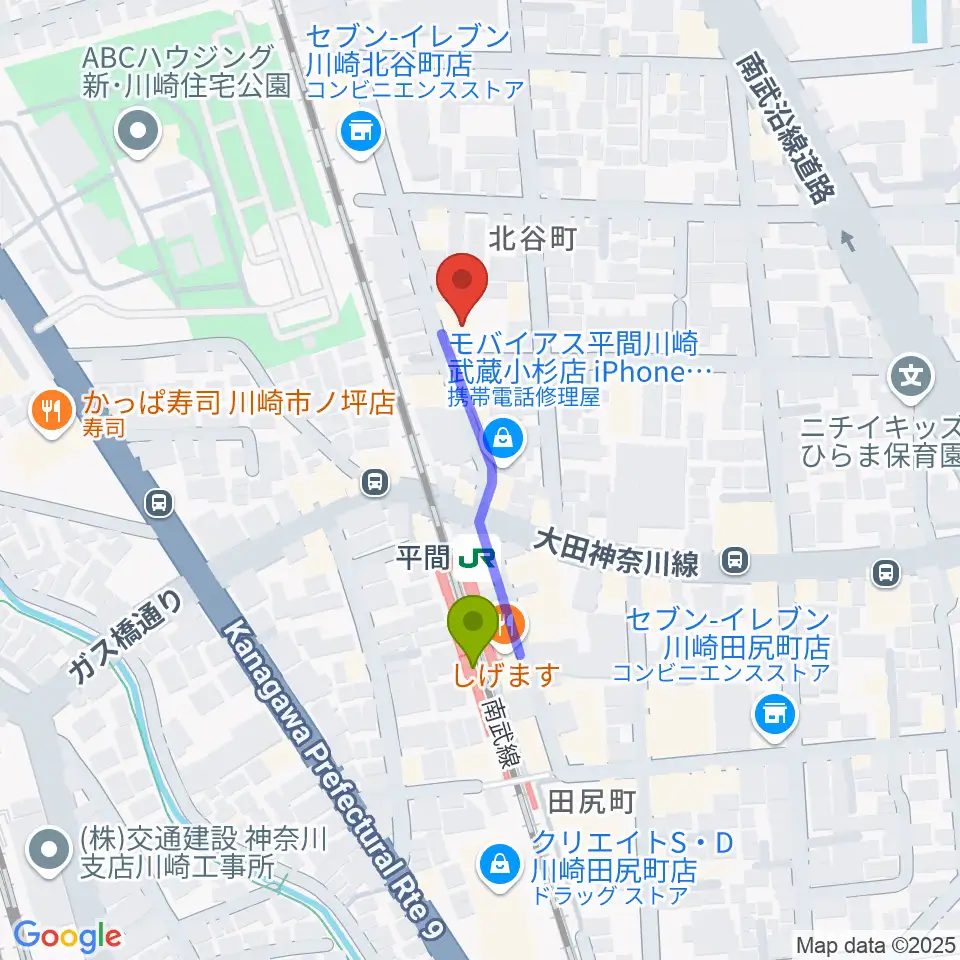 冨井ピアノ工房の最寄駅平間駅からの徒歩ルート（約3分）地図