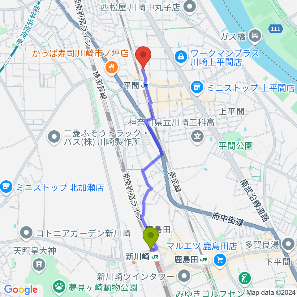 新川崎駅から冨井ピアノ工房へのルートマップ地図