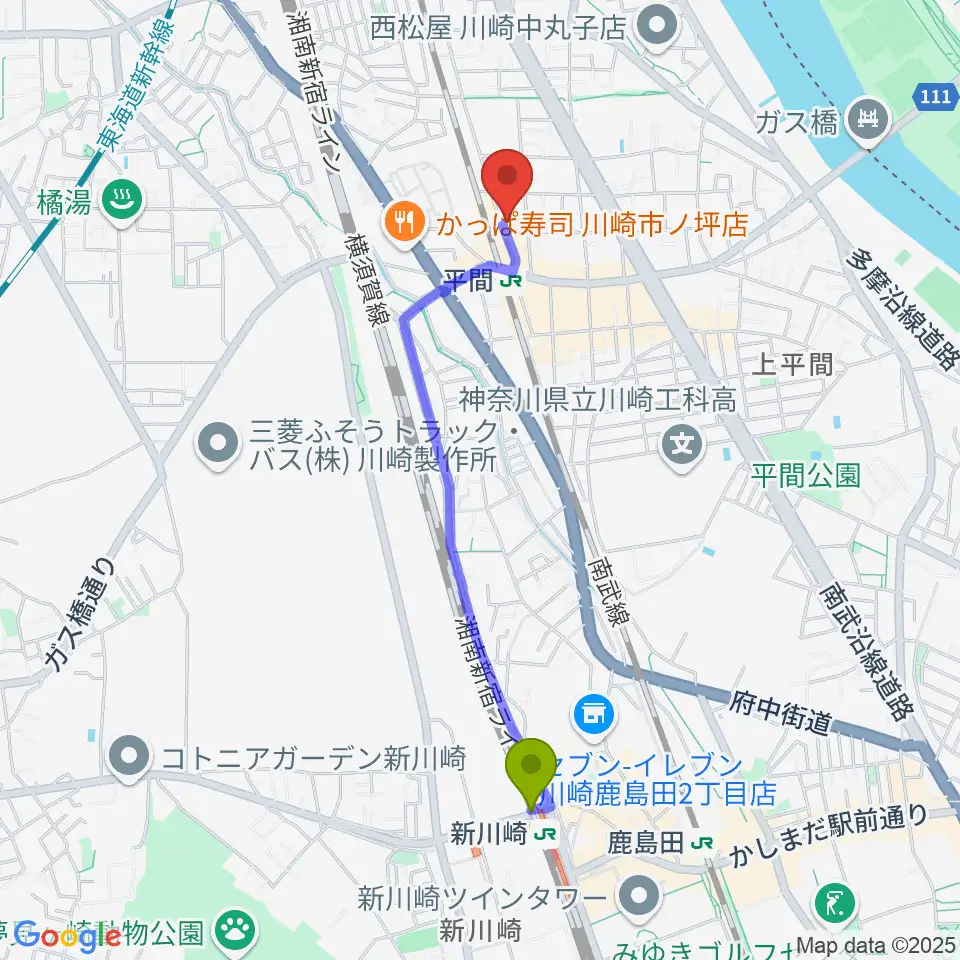 新川崎駅から冨井ピアノ工房へのルートマップ地図