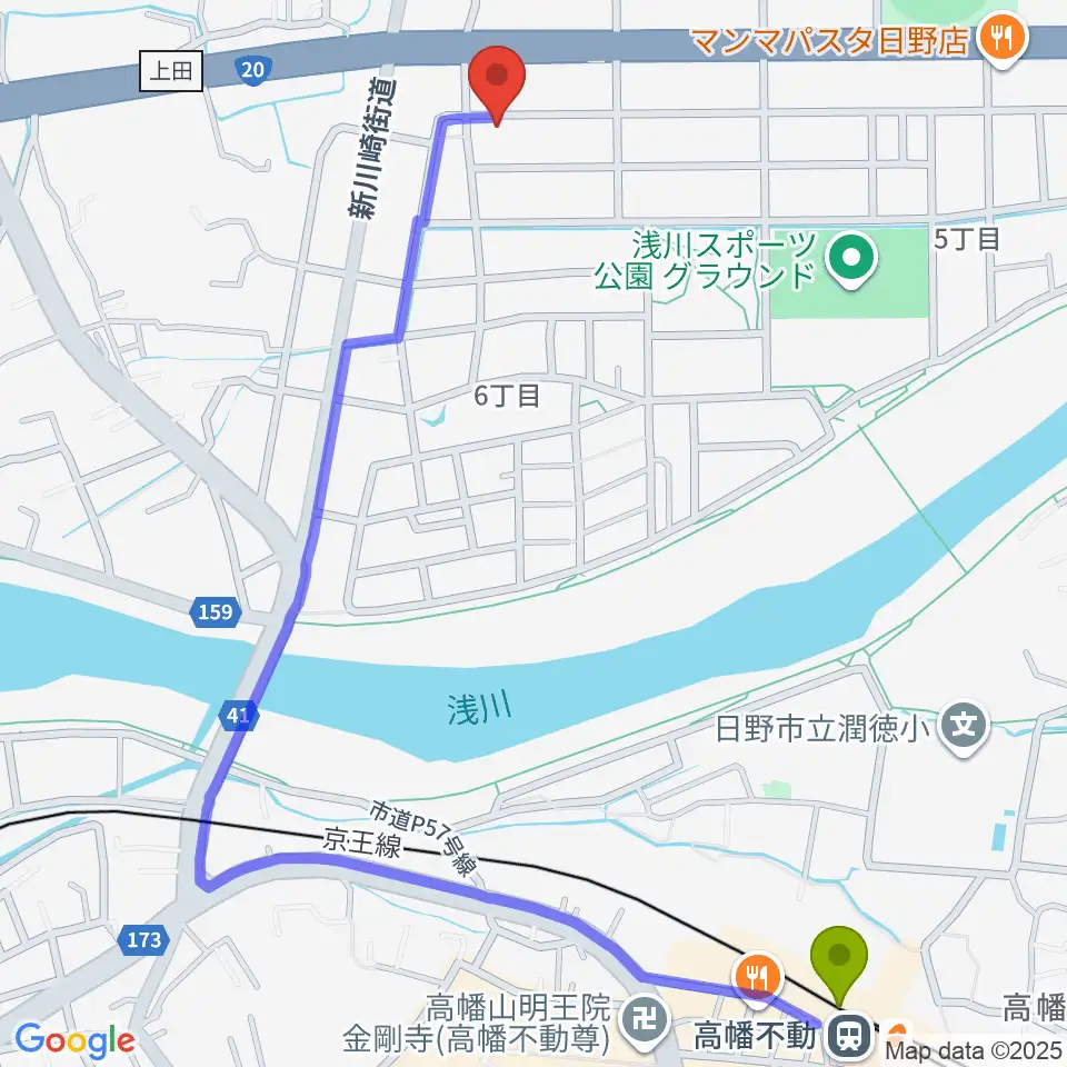 スタジオログの最寄駅高幡不動駅からの徒歩ルート（約14分）地図
