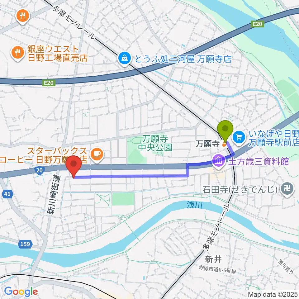 万願寺駅からスタジオログへのルートマップ地図