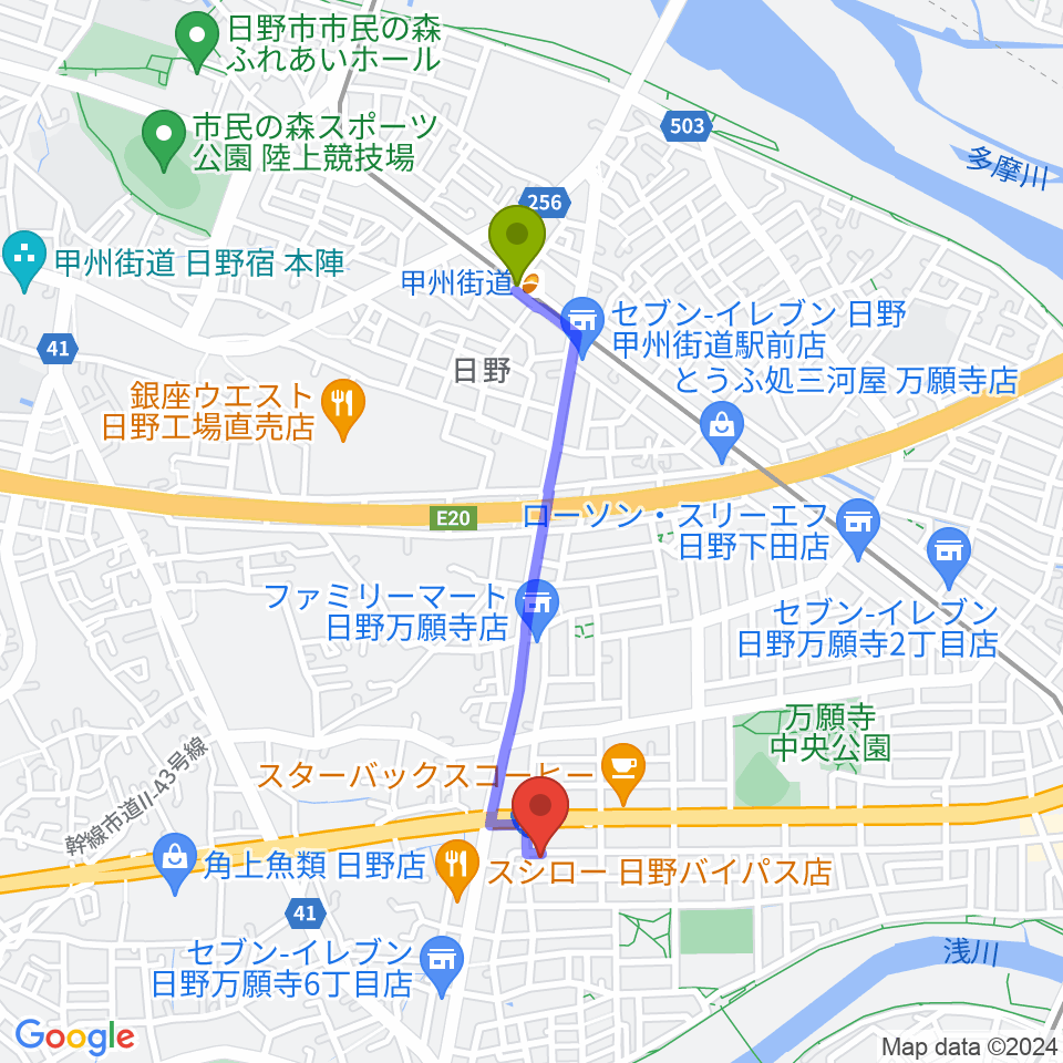 甲州街道駅からスタジオログへのルートマップ地図