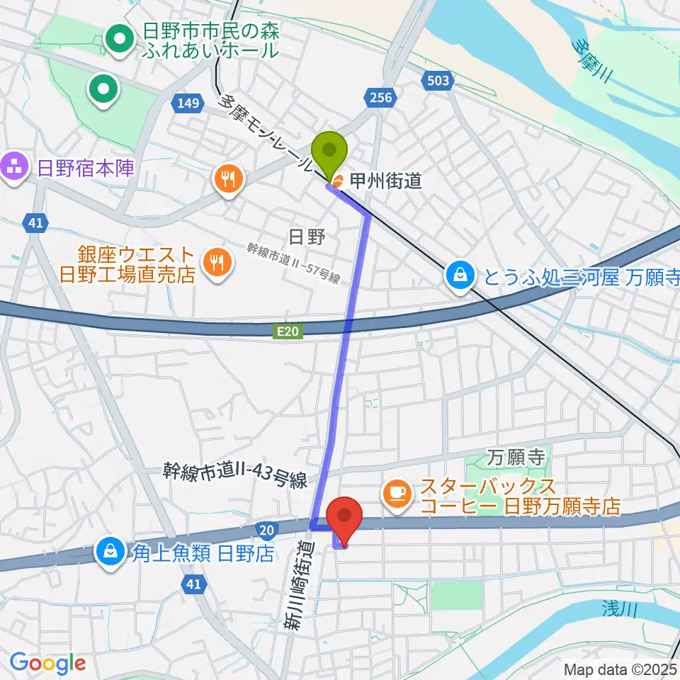 甲州街道駅からスタジオログへのルートマップ地図
