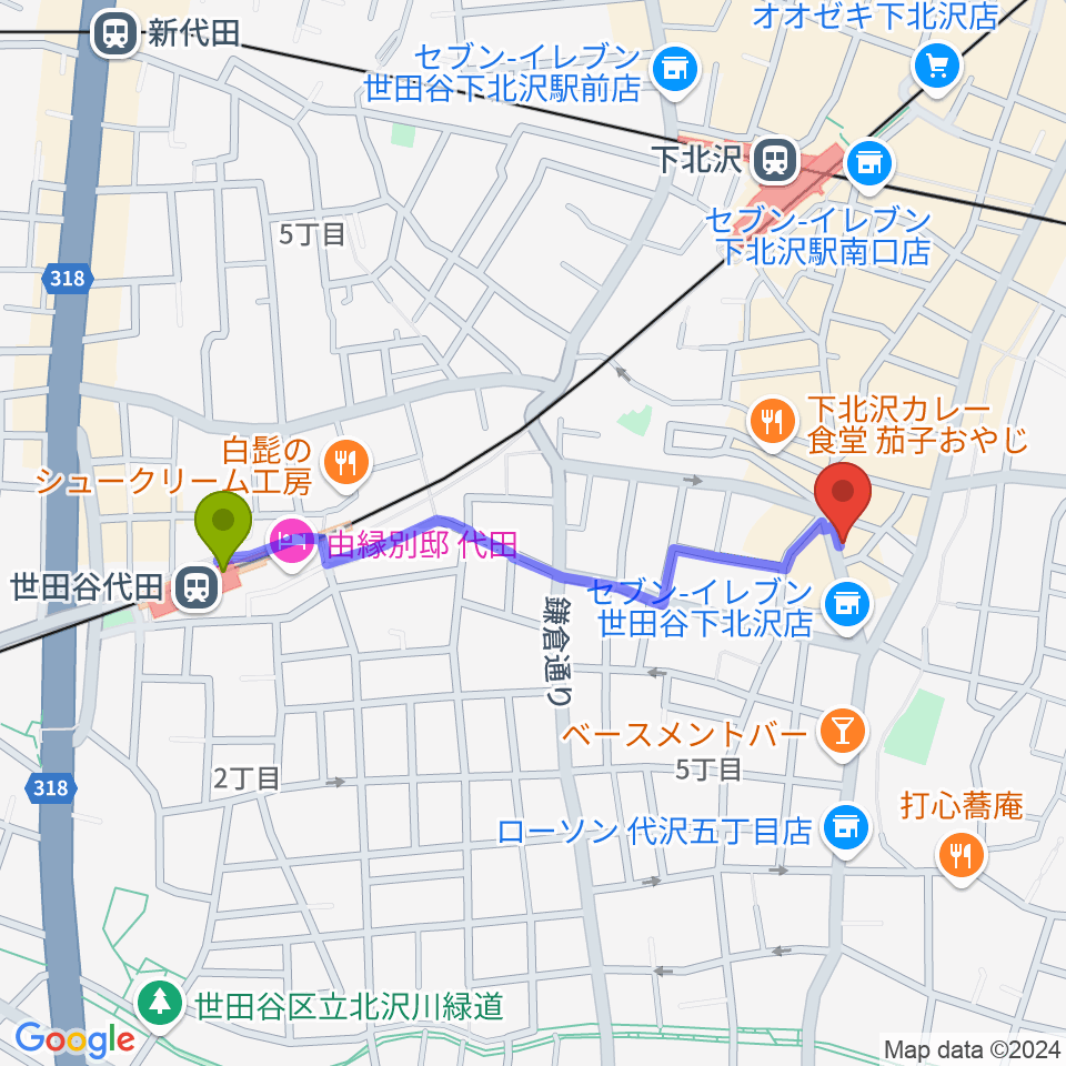 世田谷代田駅から下北沢ロフトへのルートマップ地図