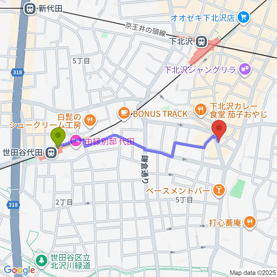 世田谷代田駅から下北沢ロフトへのルートマップ地図