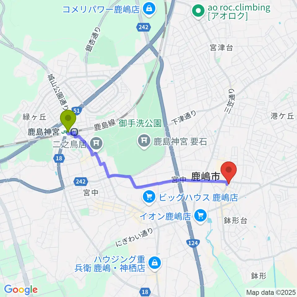 オワリヤ楽器 鹿島センターの最寄駅鹿島神宮駅からの徒歩ルート（約35分）地図