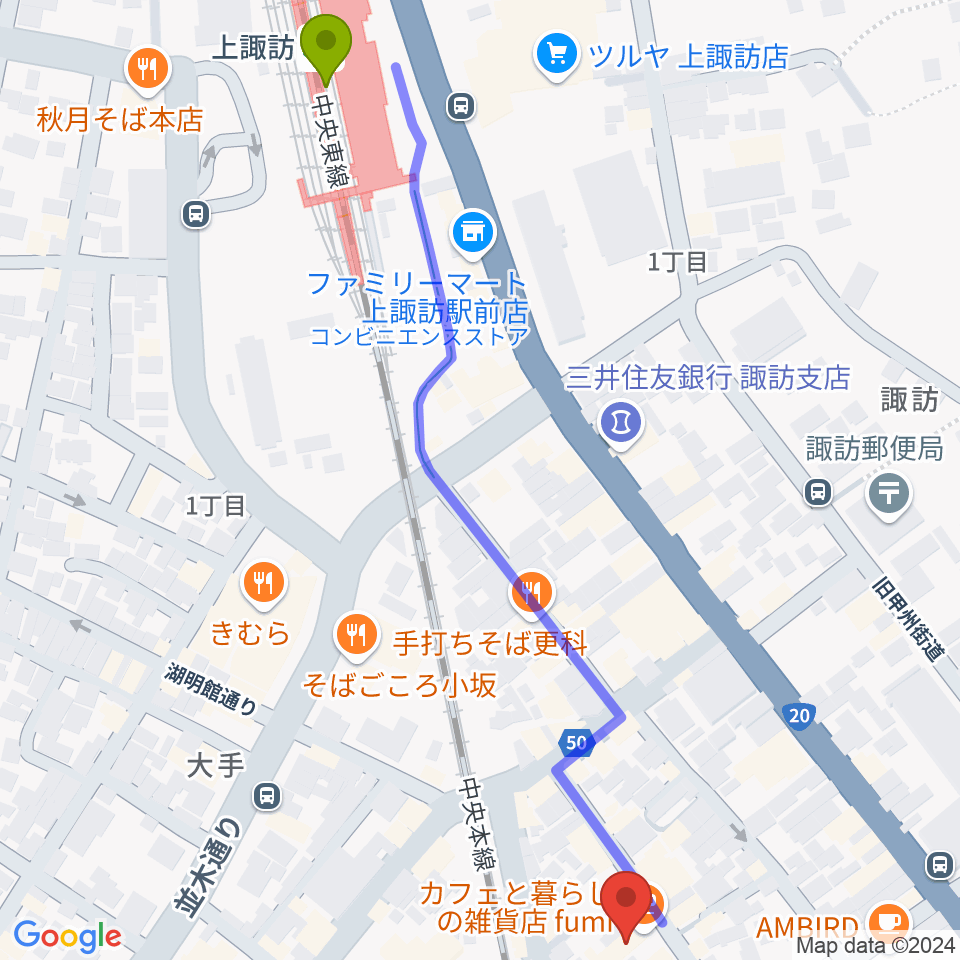 上諏訪ドアーズの最寄駅上諏訪駅からの徒歩ルート（約7分）地図