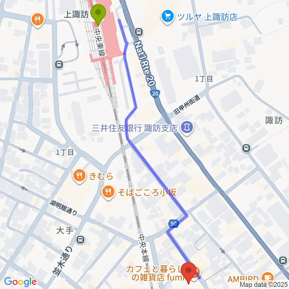 上諏訪ドアーズの最寄駅上諏訪駅からの徒歩ルート（約7分）地図