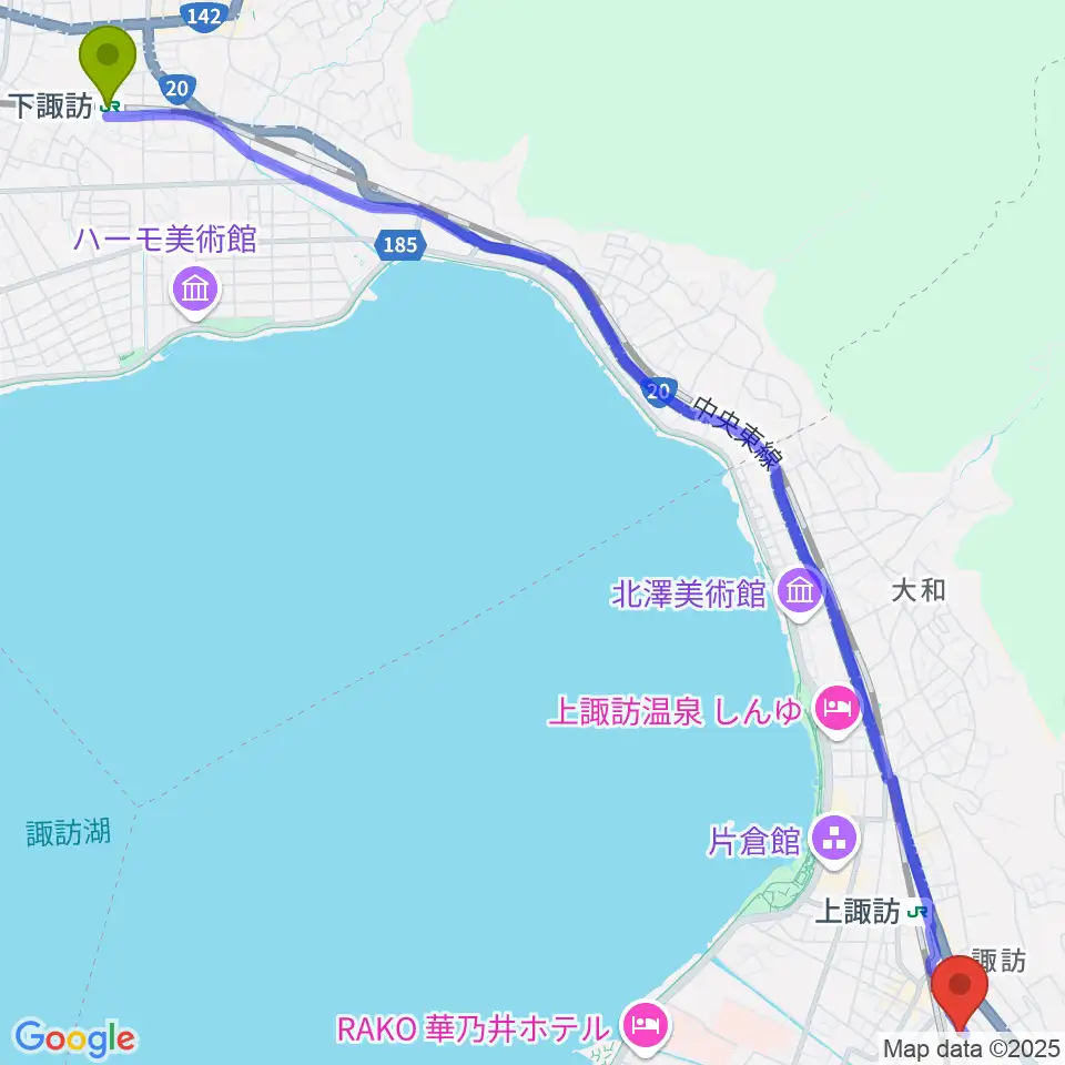 下諏訪駅から上諏訪ドアーズへのルートマップ地図