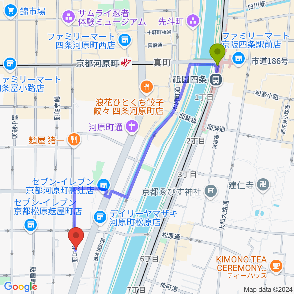 祇園四条駅からMURATA MUSIC ムラータミュージックへのルートマップ地図