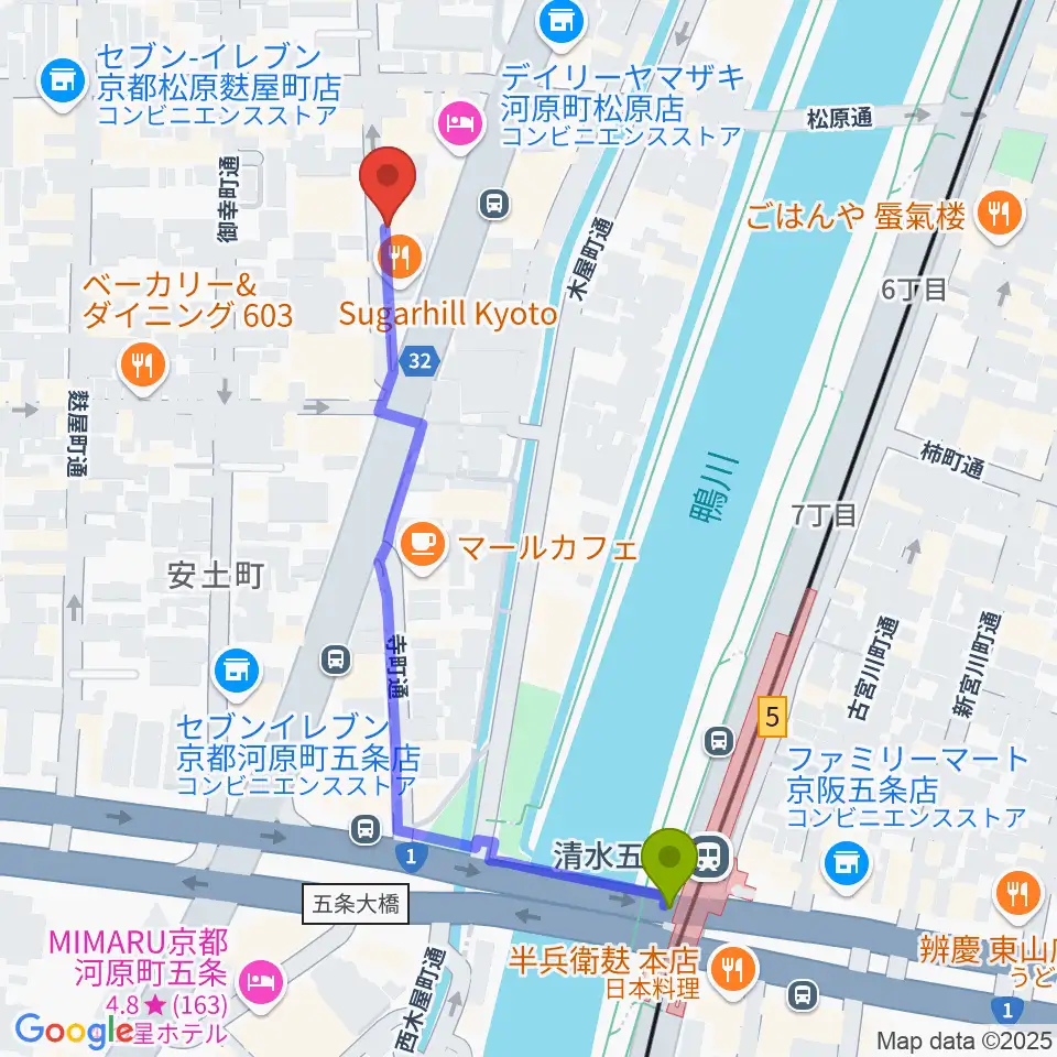 MURATA MUSIC ムラータミュージックの最寄駅清水五条駅からの徒歩ルート（約5分）地図