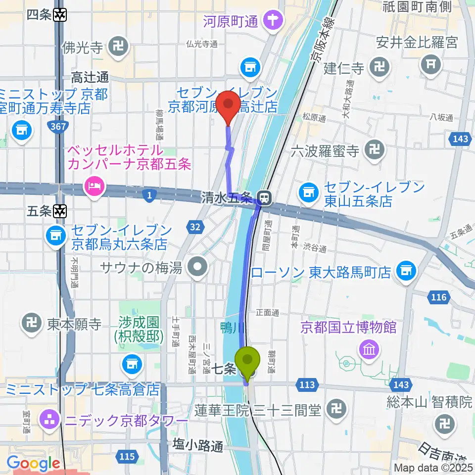七条駅からMURATA MUSIC ムラータミュージックへのルートマップ地図