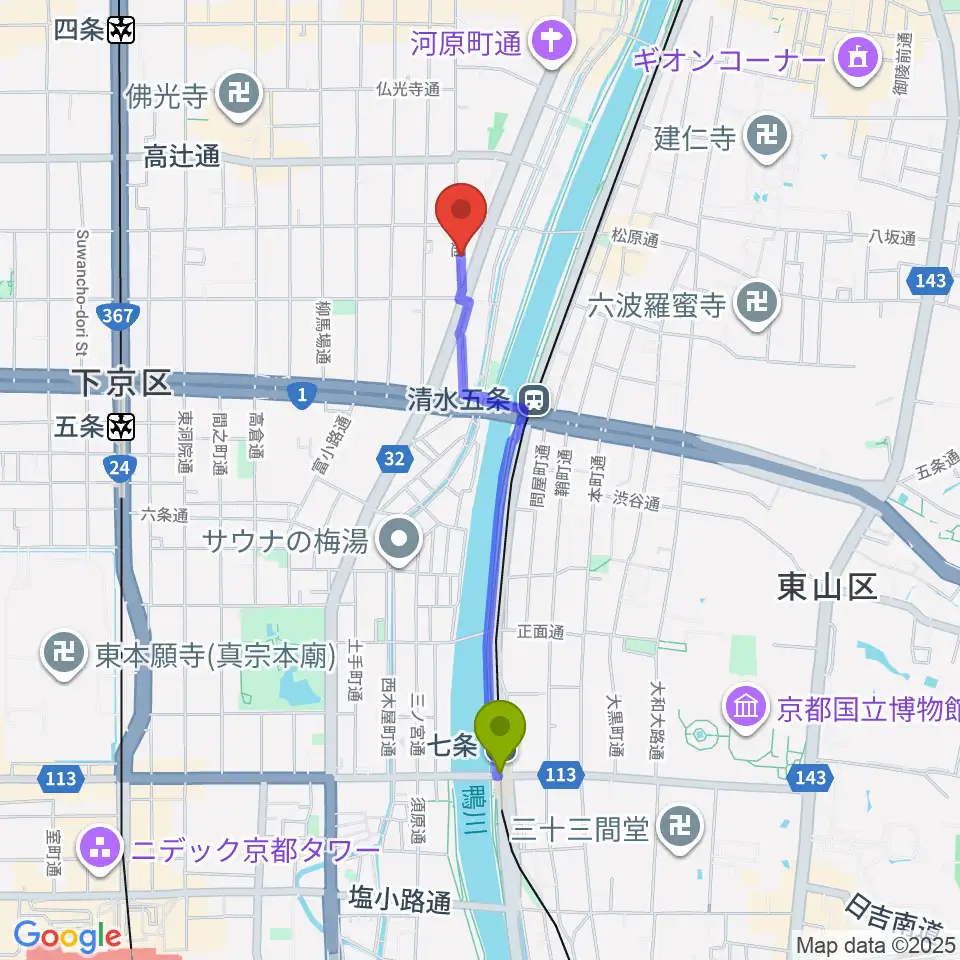 七条駅からMURATA MUSIC ムラータミュージックへのルートマップ地図