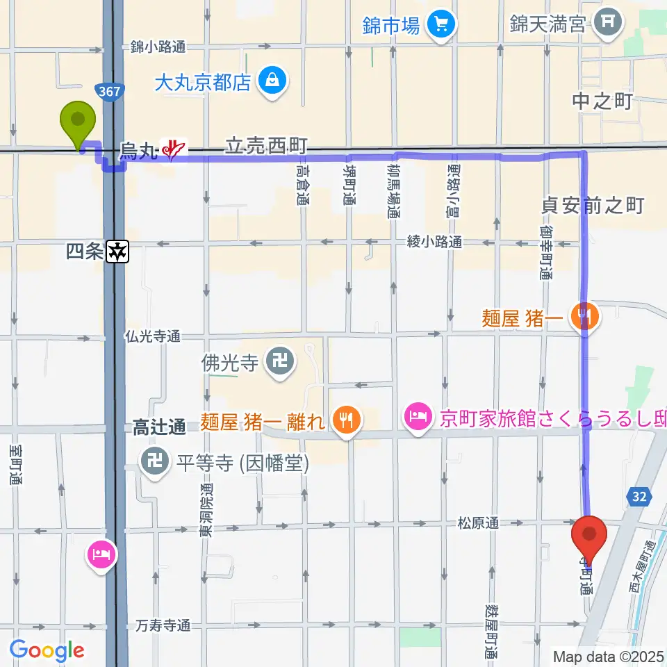 烏丸駅からMURATA MUSIC ムラータミュージックへのルートマップ地図