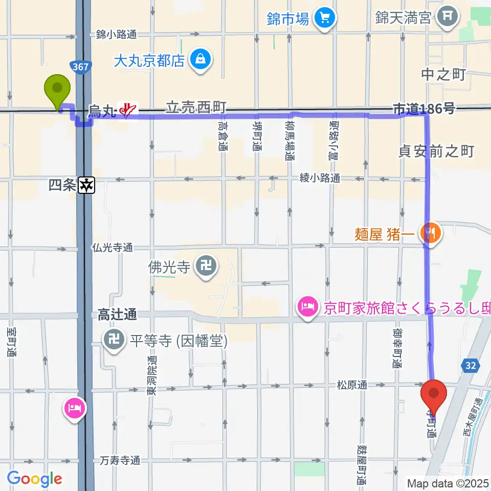 烏丸駅からMURATA MUSIC ムラータミュージックへのルートマップ地図