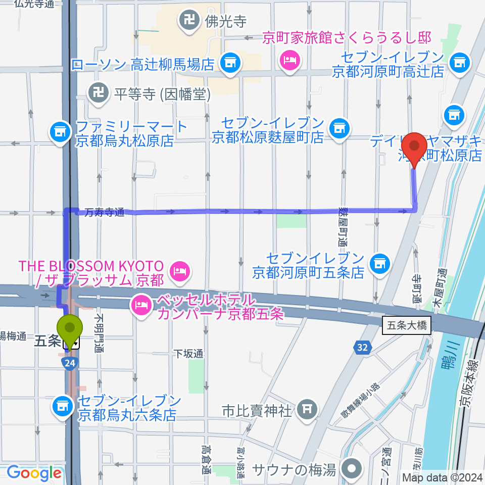 五条駅からMURATA MUSIC ムラータミュージックへのルートマップ地図