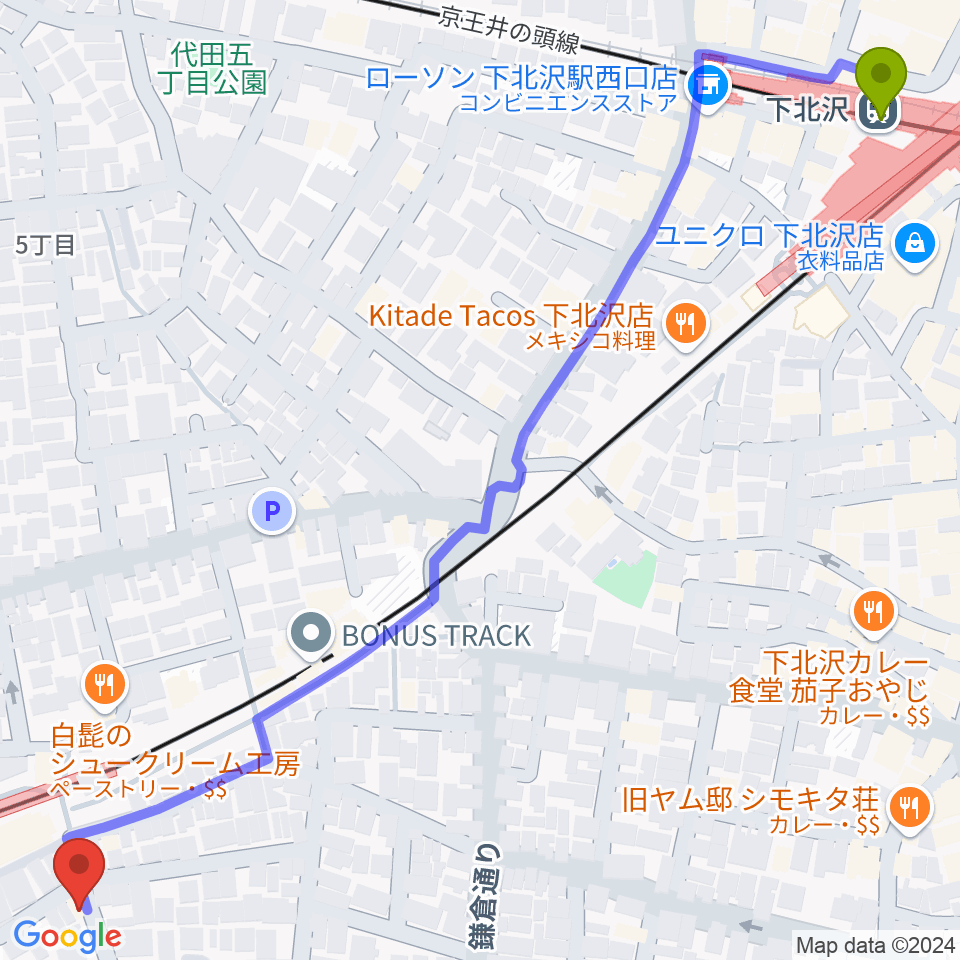 下北沢駅からグラスホッパー・ギターズへのルートマップ地図