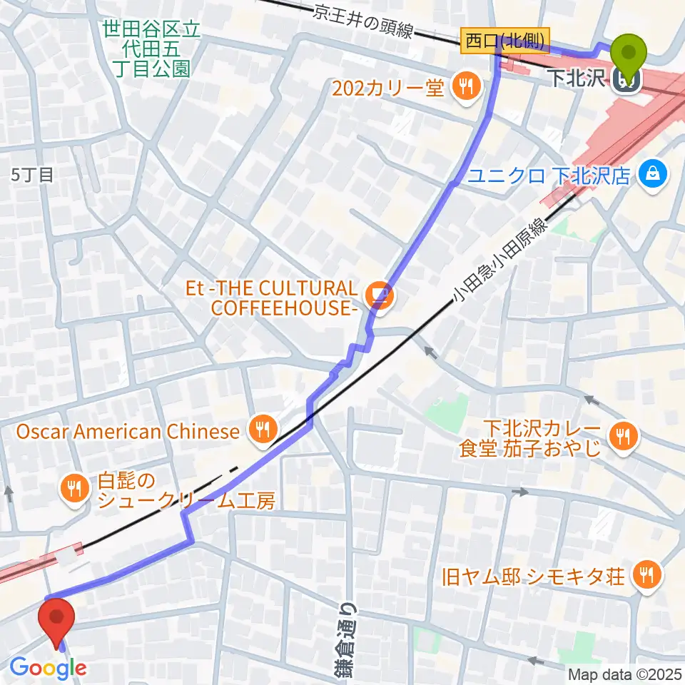 下北沢駅からグラスホッパー・ギターズへのルートマップ地図