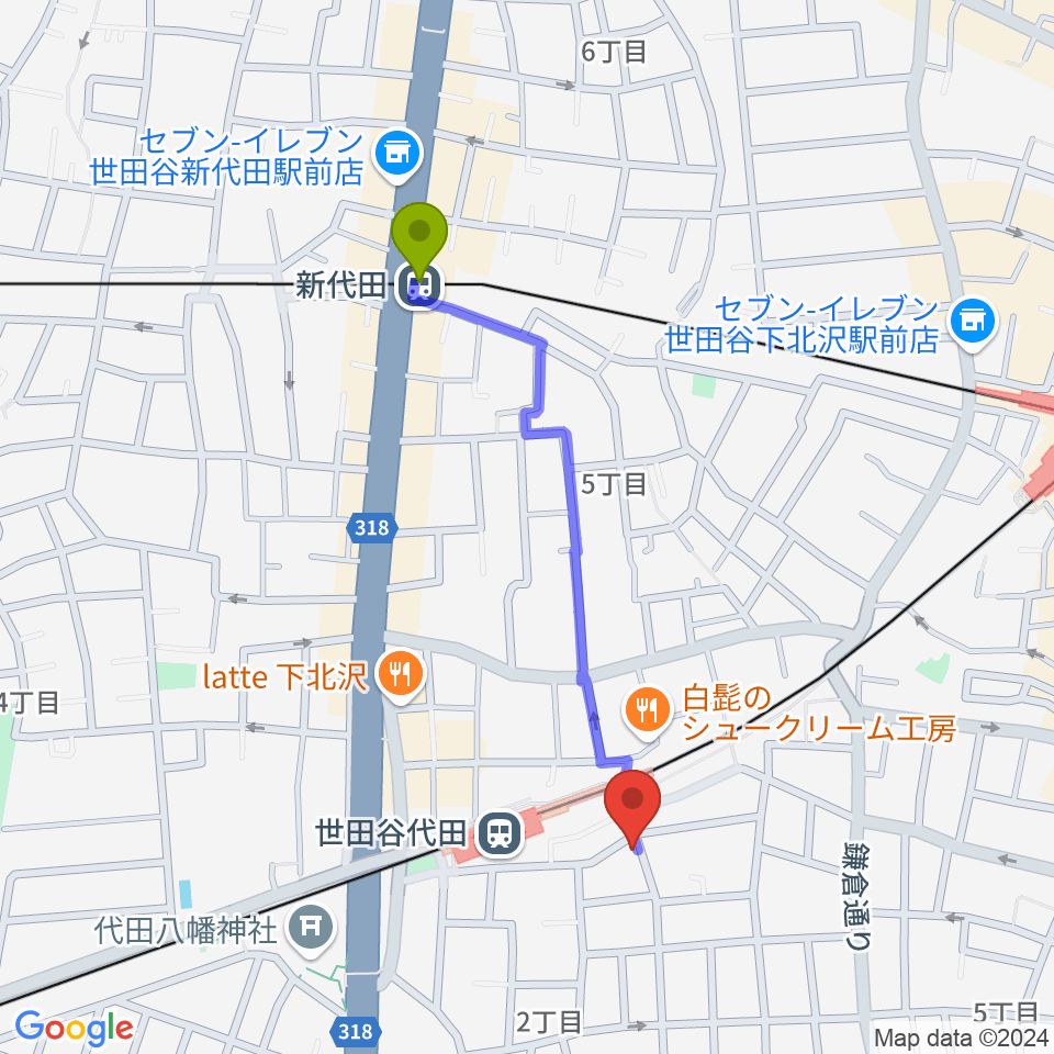 新代田駅からグラスホッパー・ギターズへのルートマップ地図