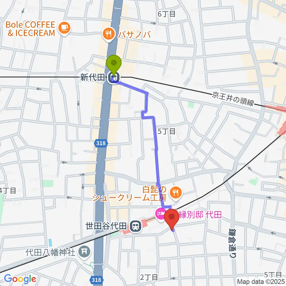 新代田駅からグラスホッパー・ギターズへのルートマップ地図