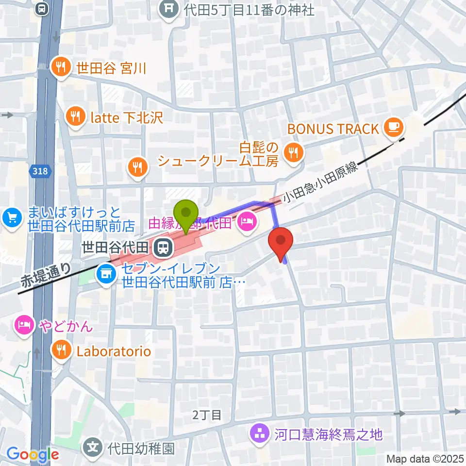 グラスホッパー・ギターズの最寄駅世田谷代田駅からの徒歩ルート（約2分）地図