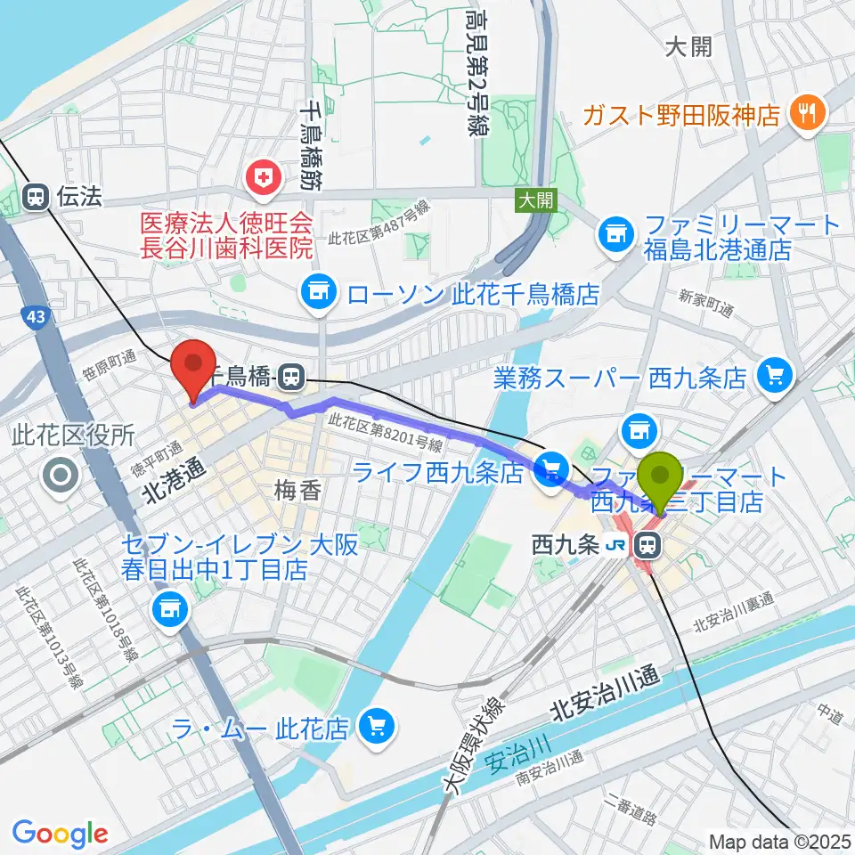 西九条駅からハイエンドミュージックへのルートマップ地図