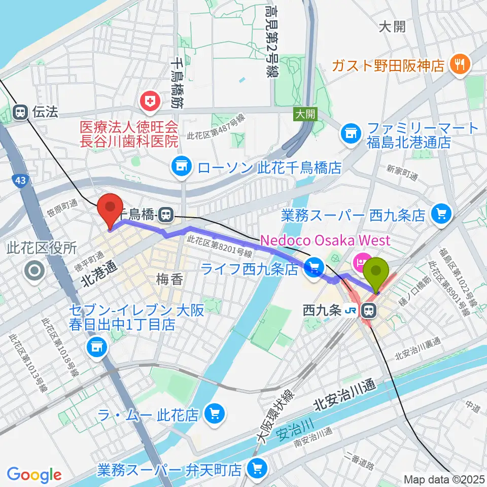 西九条駅からハイエンドミュージックへのルートマップ地図