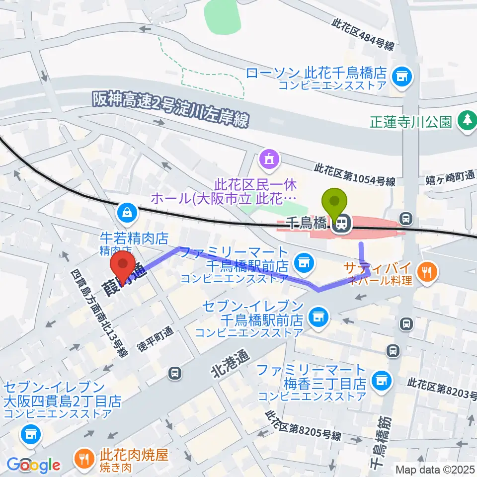 ハイエンドミュージックの最寄駅千鳥橋駅からの徒歩ルート（約4分）地図