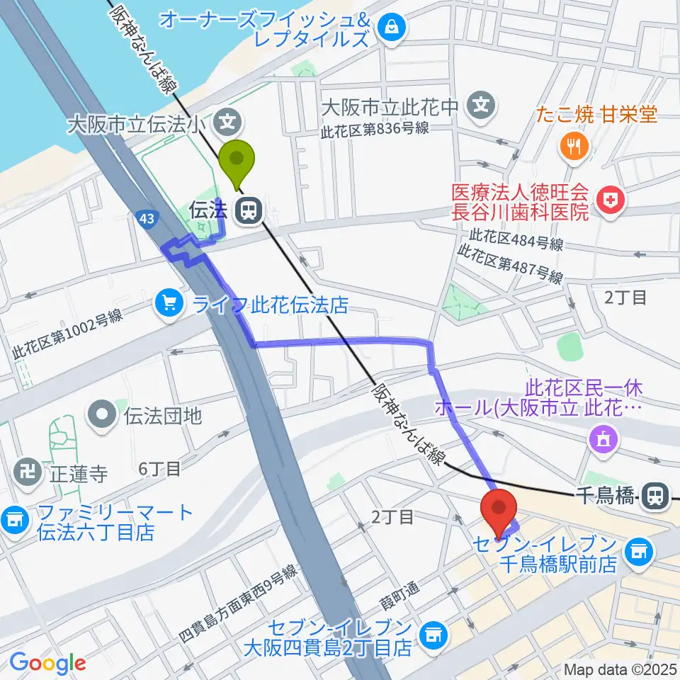伝法駅からハイエンドミュージックへのルートマップ地図