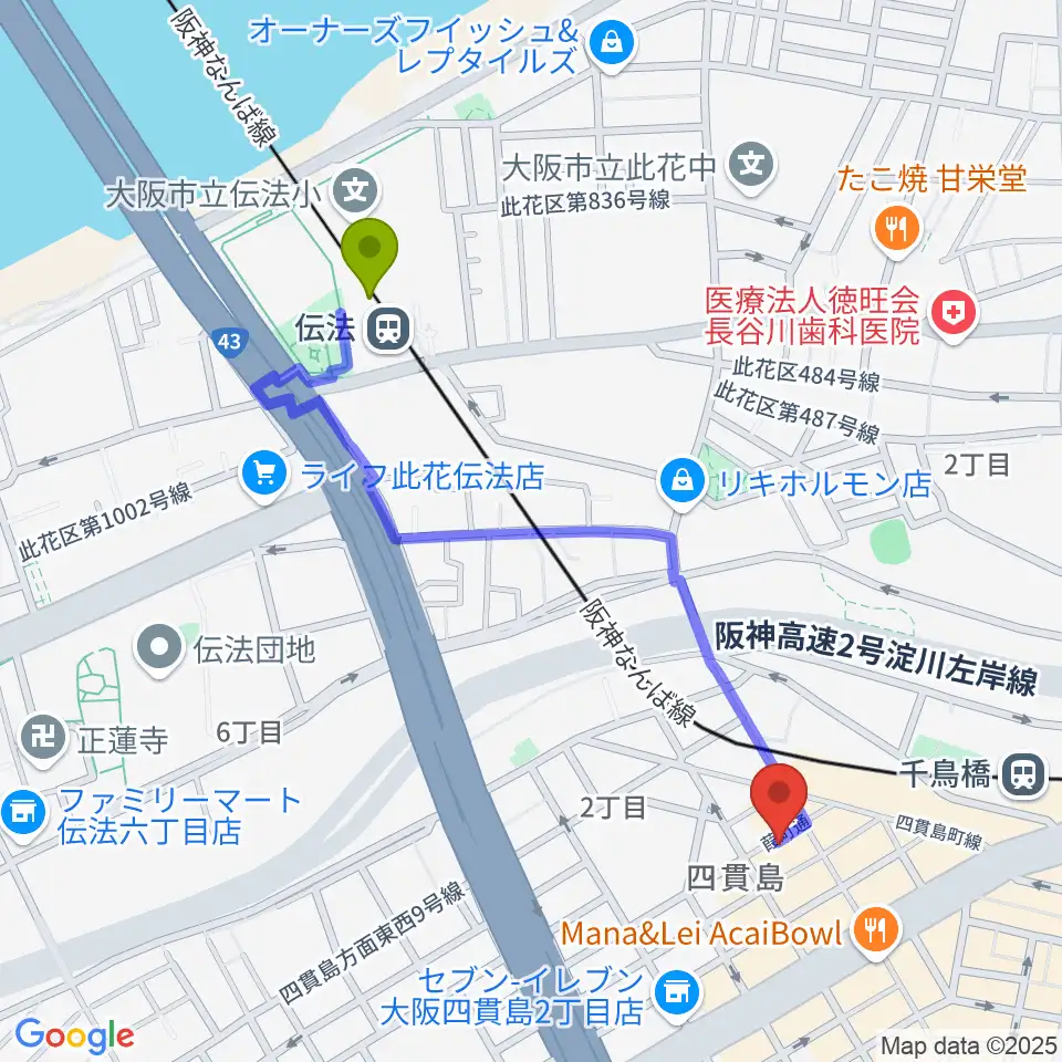 伝法駅からハイエンドミュージックへのルートマップ地図