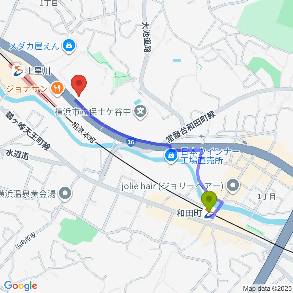 和田町駅から横浜ミュージックアカデミーへのルートマップ地図