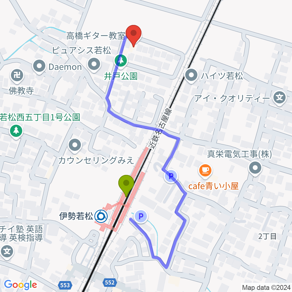 高橋ギター教室の最寄駅伊勢若松駅からの徒歩ルート（約4分）地図