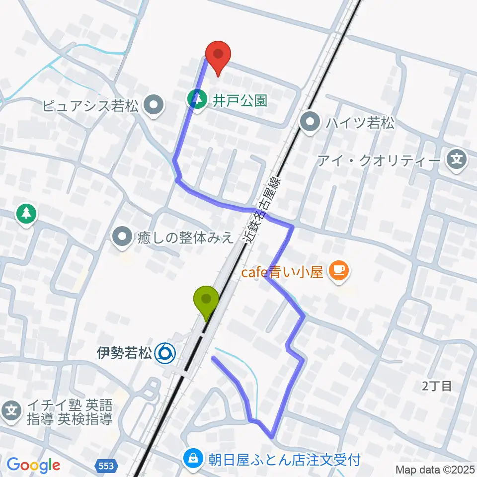 高橋ギター教室の最寄駅伊勢若松駅からの徒歩ルート（約4分）地図