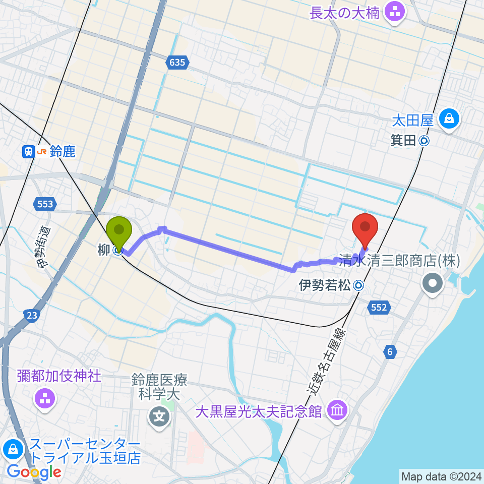 柳駅から高橋ギター教室へのルートマップ地図