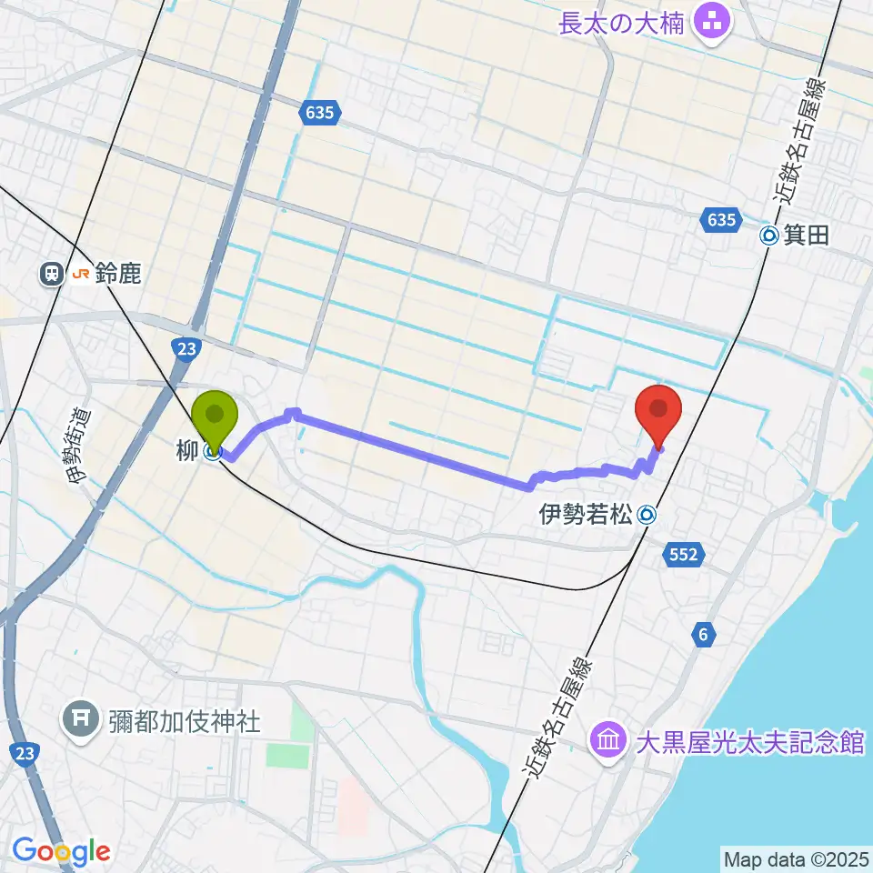 柳駅から高橋ギター教室へのルートマップ地図
