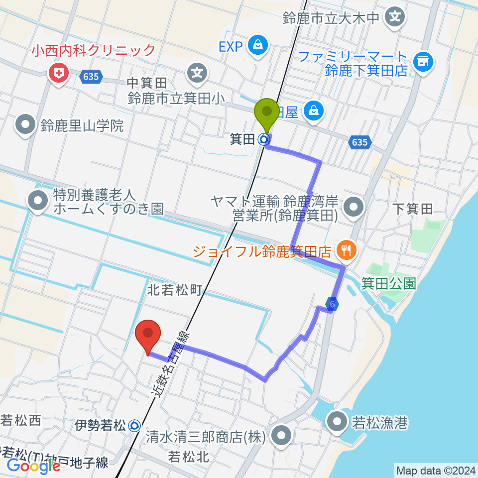 箕田駅から高橋ギター教室へのルートマップ地図