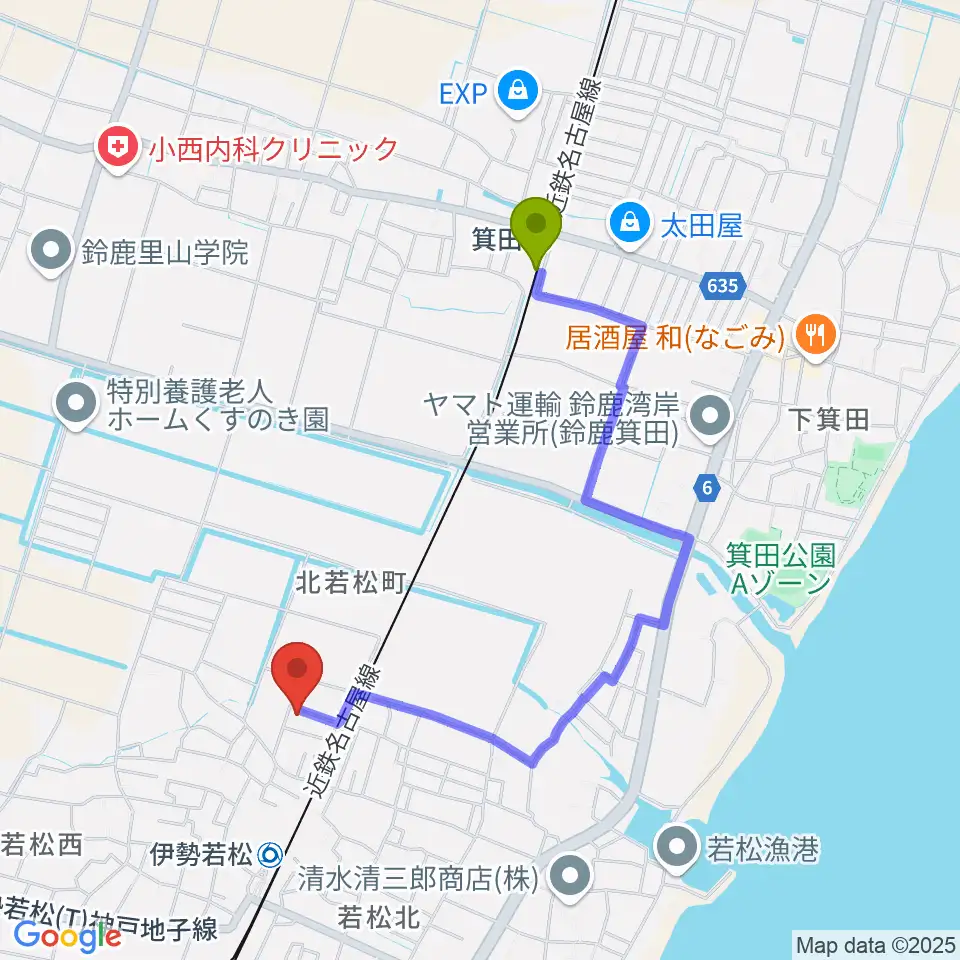 箕田駅から高橋ギター教室へのルートマップ地図