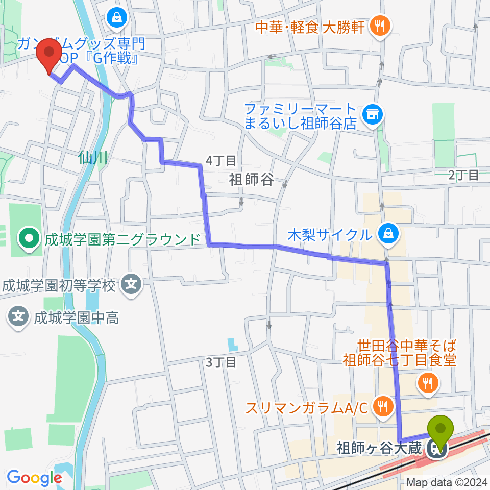 うちだようこ・なおこピアノ教室の最寄駅祖師ヶ谷大蔵駅からの徒歩ルート（約17分）地図