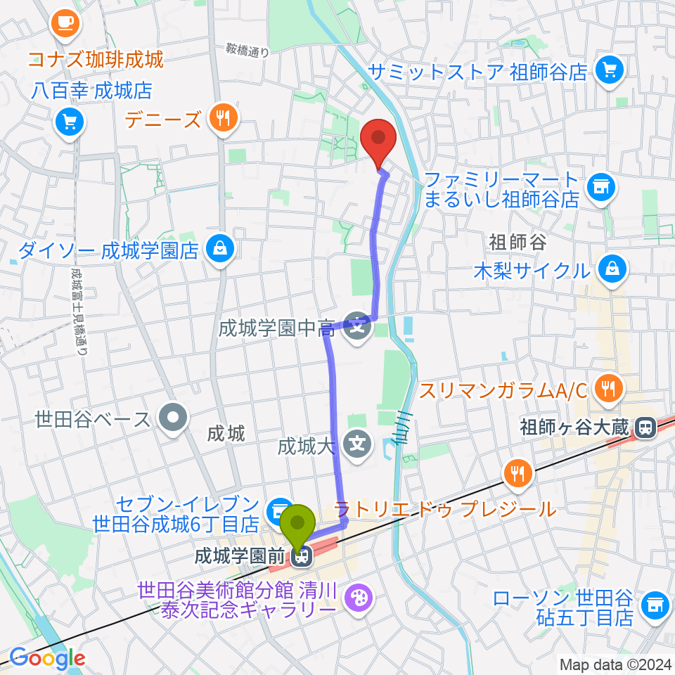 成城学園前駅からうちだようこ・なおこピアノ教室へのルートマップ地図