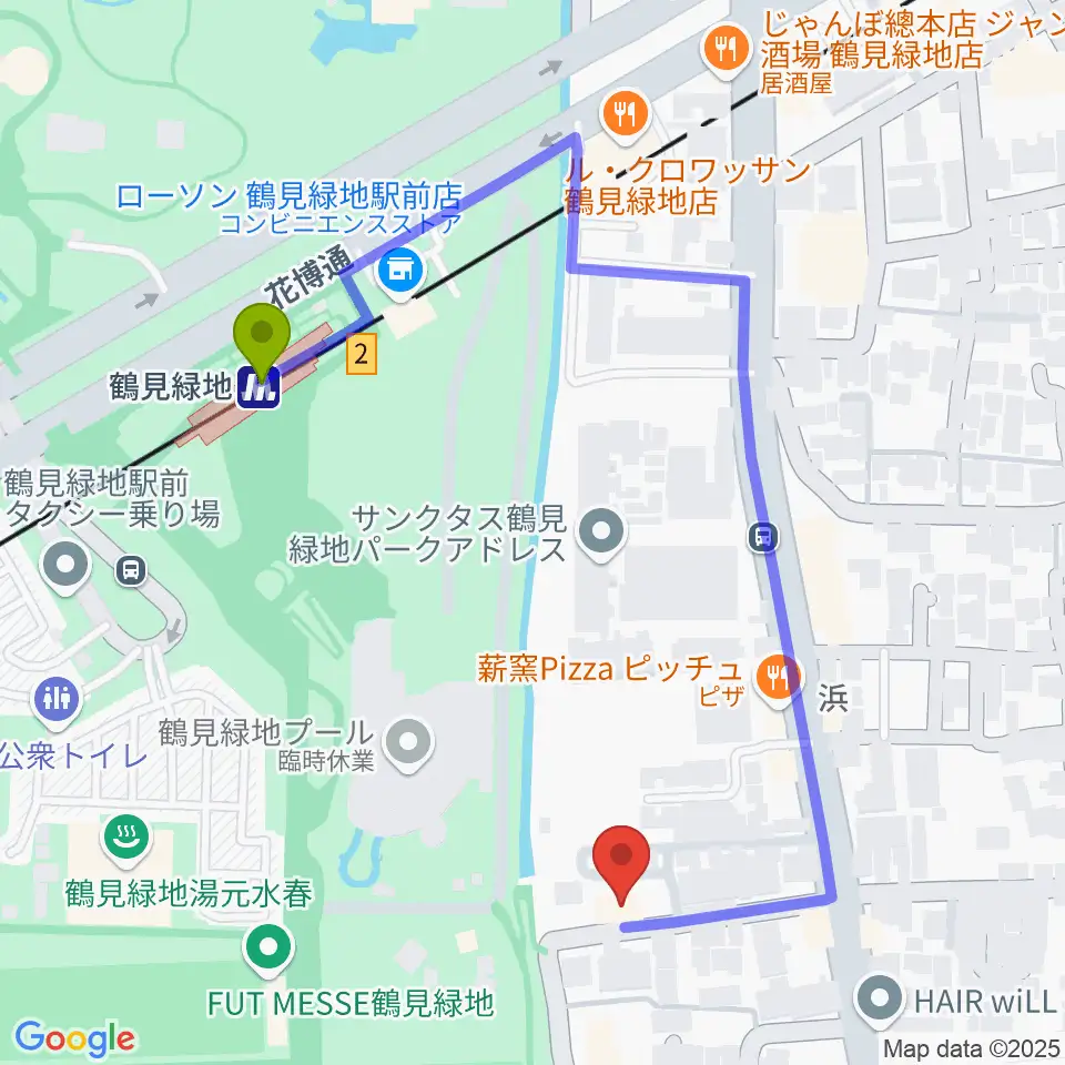 ナッジスタジオの最寄駅鶴見緑地駅からの徒歩ルート（約5分）地図