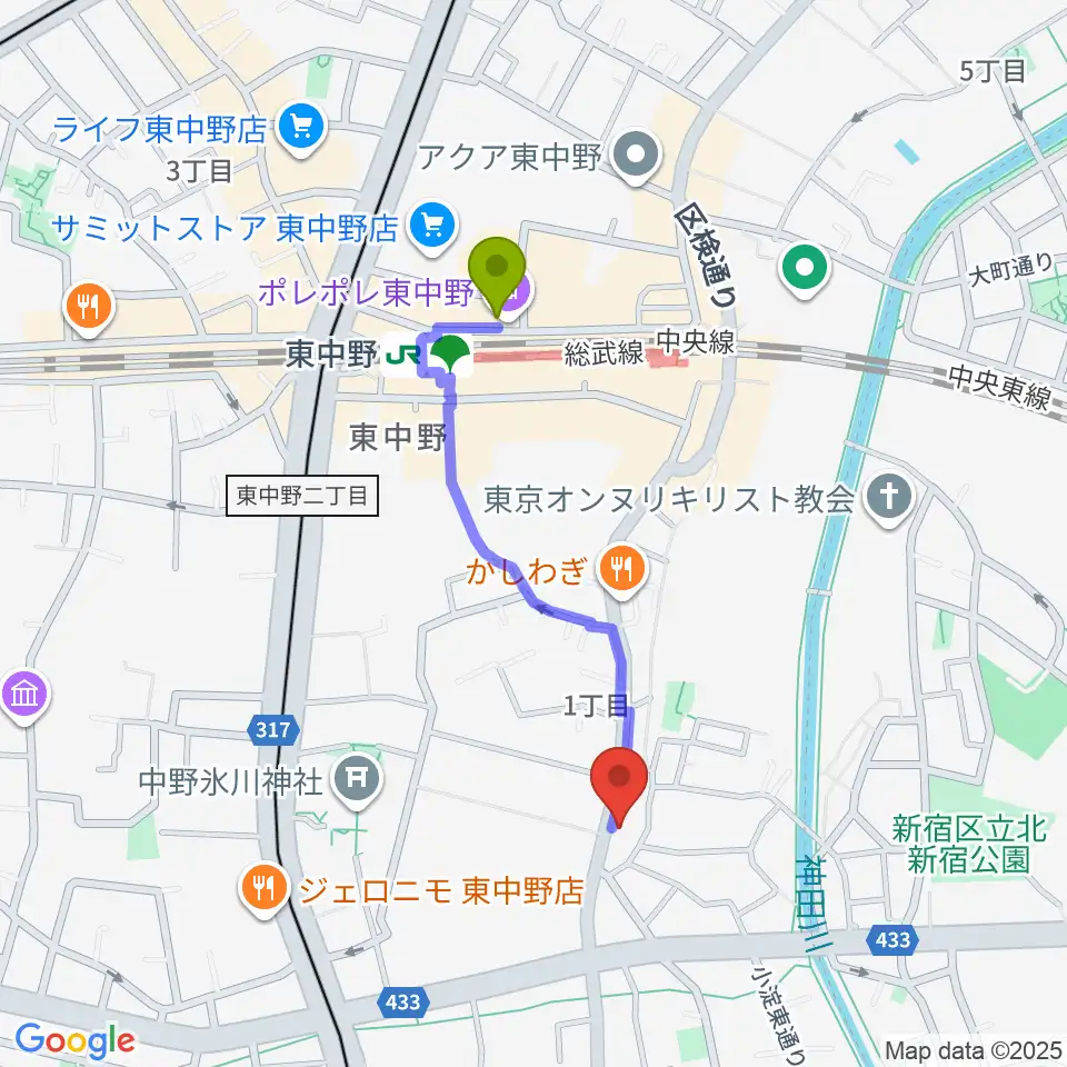 音楽スクールの音屋 OTOYAの最寄駅東中野駅からの徒歩ルート（約8分）地図