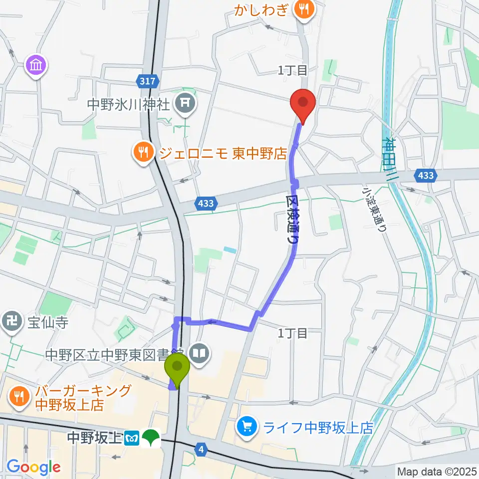 中野坂上駅から音楽スクールの音屋 OTOYAへのルートマップ地図