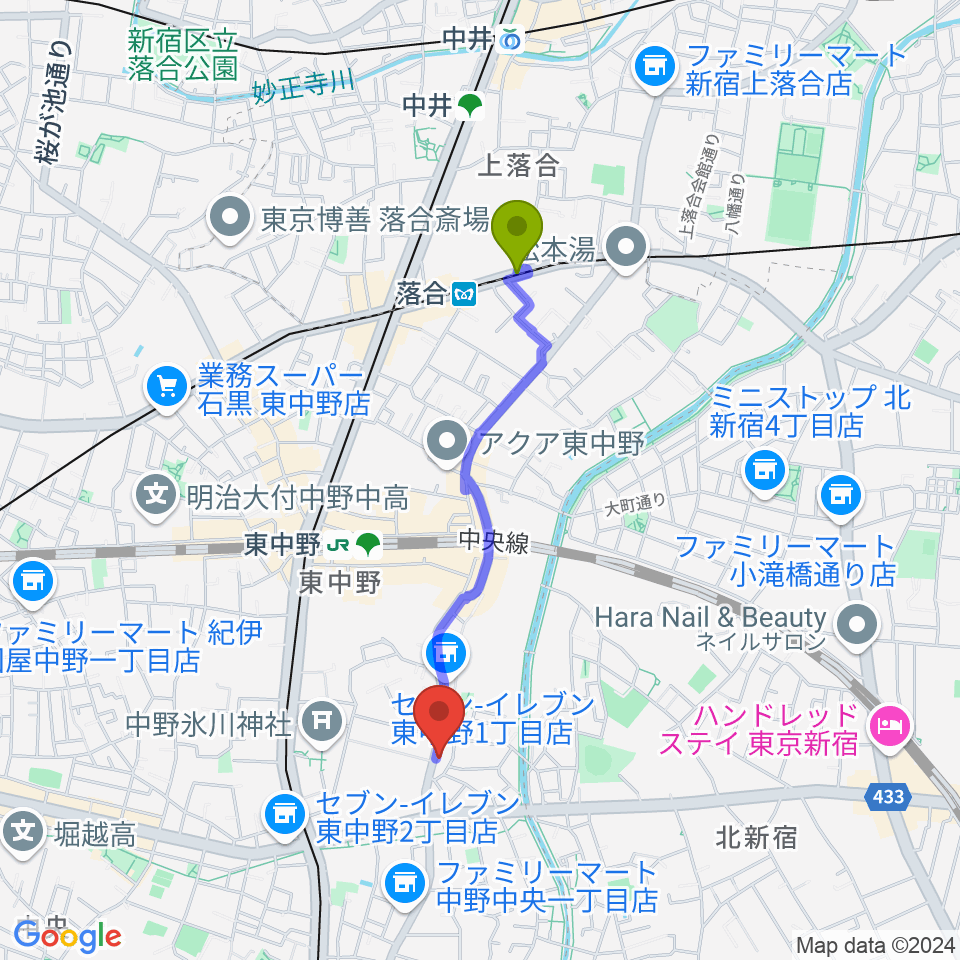 落合駅から音楽スクールの音屋 OTOYAへのルートマップ地図