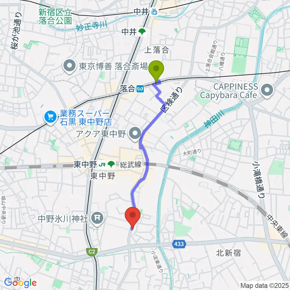 落合駅から音楽スクールの音屋 OTOYAへのルートマップ地図