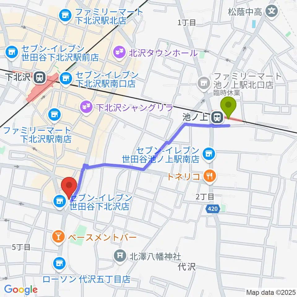 池ノ上駅から下北沢ReGへのルートマップ地図