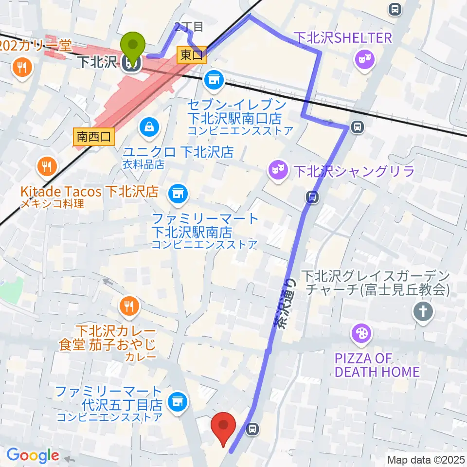 下北沢ReGの最寄駅下北沢駅からの徒歩ルート（約6分）地図