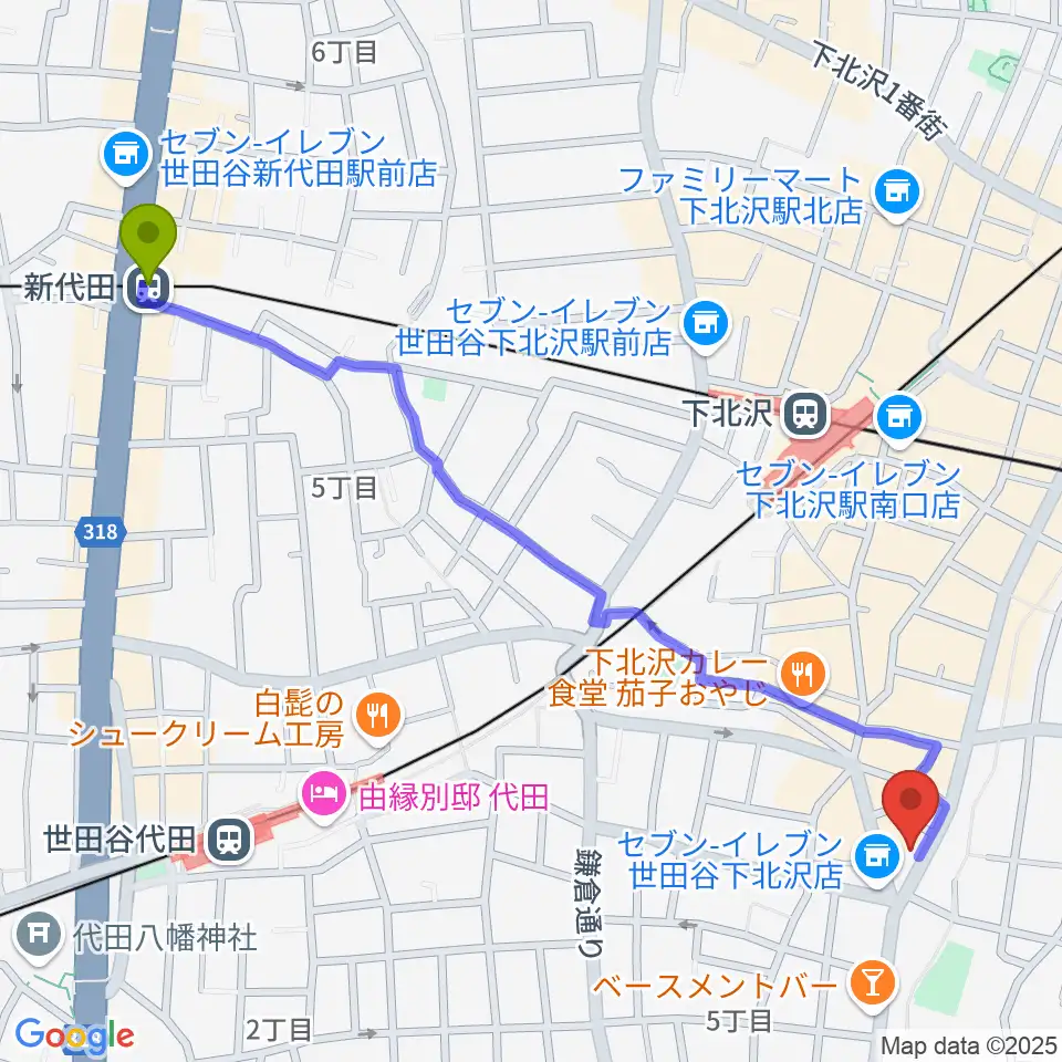 新代田駅から下北沢ReGへのルートマップ地図