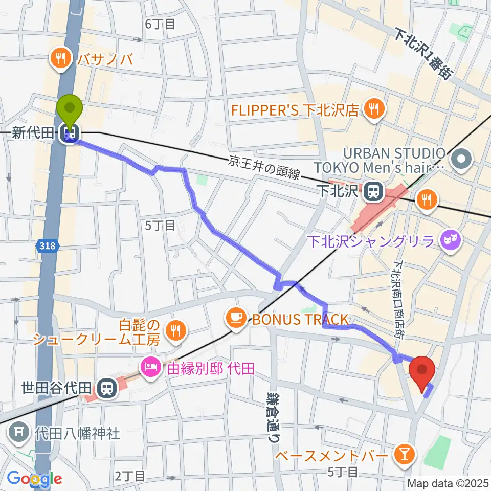 新代田駅から下北沢ReGへのルートマップ地図